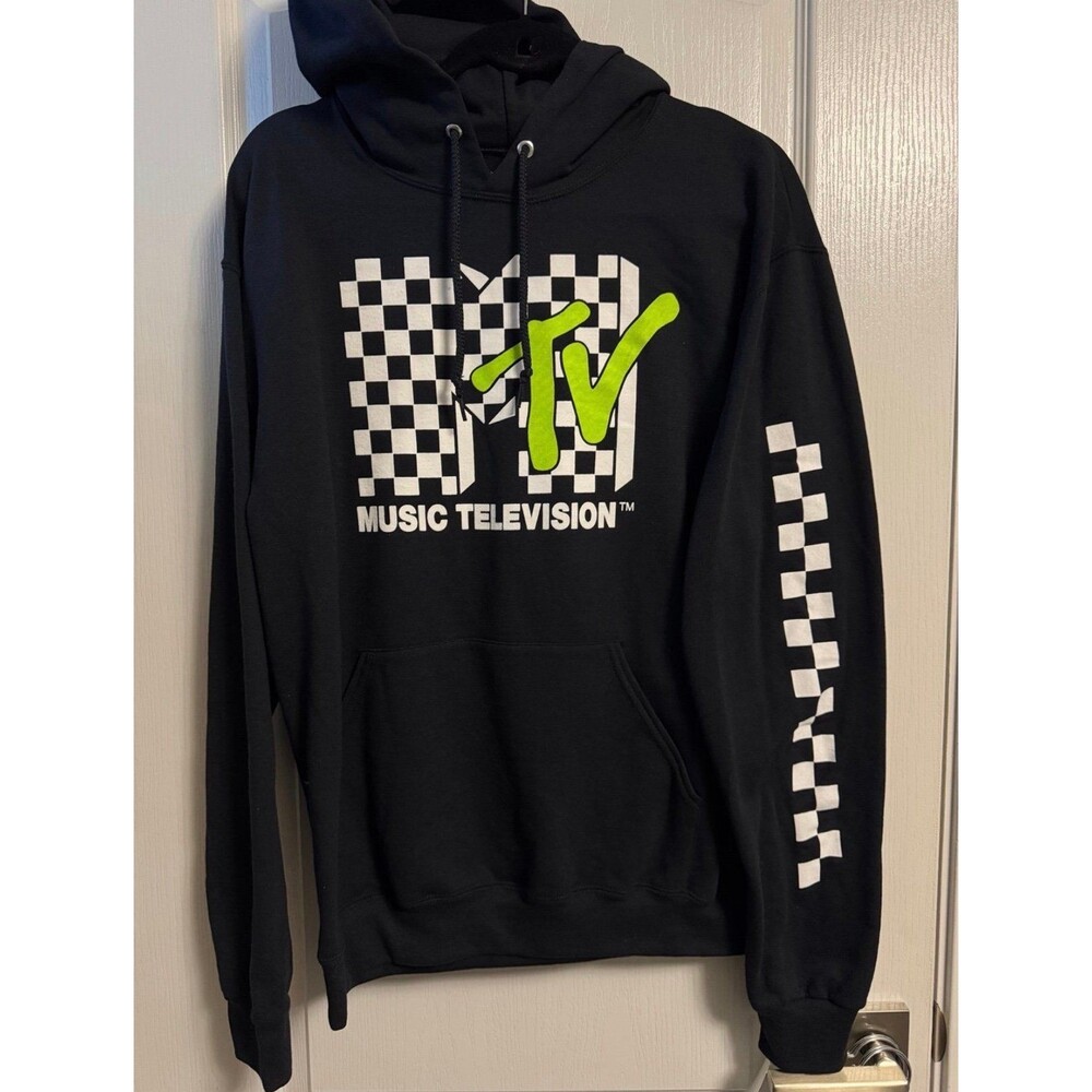 NEW MTV Neon Green Checkered Vans Style Hoodie Music Television Sweatshirt M